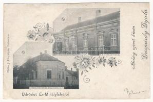 Érmihályfalva, Valea lui Mihai; Kereskedelmi és Iparbank R.-T., M. kir. postahivatal. Halász J. fényképész / bank, post office. Art Nouveau, floral (r)