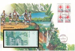 Horvátország 1993. 5K felbélyegzett borítékban, bélyegzéssel T:UNC Croatia 1993. 5 Kuna in envelope with stamp and cancellation C:UNC