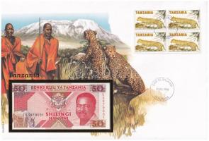 Tanzánia 1993. 50Sh felbélyegzett borítékban, bélyegzéssel T:UNC Tanzania 1993. 50 Shilingi in envelope with stamp and cancellation C:UNC