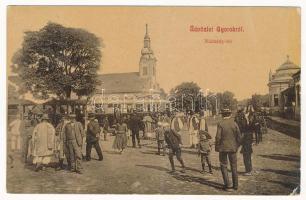 1908 Gyorok, Ghioroc; Nádasdy tér, piac árusokkal, templom, városi vasút, kisvasút. W.L. 3087-95. / market square, church, urban railway, train (fa)