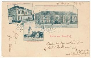 1902 Botfalu, Brendorf, Brenndorf, Bod (Brassó, Kronstadt, Brasov); Evang. sächs. Volksschule, Kavallerie-Kaserne, Kirche mit Gasthaus / szász evangélikus népiskola, lovassági laktanya, templom, vendéglő / Lutheran school, K.u.K. military cavalry barracks, church, inn. Art Nouveau, floral (fa)