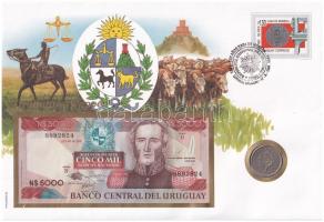 Uruguay 1983. 5000P + 1960. 1P Cu-Ni felbélyegzett borítékban, alkalmi bélyegzéssel T:UNC,AU Uruguay 1983. 5000 Pesos + 1960. 1 Peso Cu-Ni in envelope with stamp and cancellation C:UNC,AU