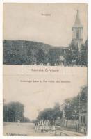 Ópálos, Ó-Pálos, Ópaulis, Paulis (Arad-Hegyalja); Templom, Schlesinger Jakab és Fiai üzlete utca részlettel / church, shop, street view (tűnyomok / pin marks)