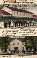 1906 Kiskapus, Kis-Kapus, Kleinkopisch, Copsa Mica; Vasútállomás, vasutasok, állomási épület és sétatér / railway station, railwaymen, promenade (EK)