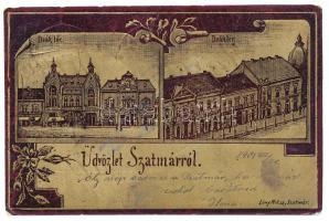 1901 Szatmárnémeti, Szatmár, Satu Mare; Deák tér. Löwy Miksa kiadása, szecessziós fémes hatású fóliás képeslap / square. Art Nouveau metallic foil postcard (fa)