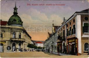 1917 Dés, Dej; Fő utca, Városháza, Megyeháza, Hungária szálloda, Léner János, Jagamas János üzlete. Medgyesi és Társa kiadása / main street, town hall, county hall, hotel, shops (EK)