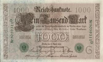 Német Birodalom / Császárság 1910. 1000M (2x) egymás utáni sorszámokkal T:II