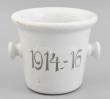 I. világháborús hadi mozsár, porcelán, 1914-16 felirattal. Jelzés nélkül, sérült, javított, m: 15 cm, d: 17 cm