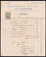 1897 Zátorszky István debreceni bútorkészítő saját kézzel írt, pecsételt, 5 Kr okmánybélyeggel ellátott számlája, hajtva, jó állapotban
