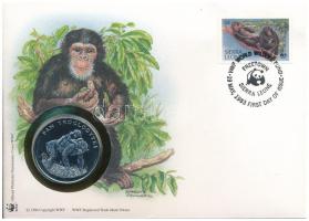 Sierra Leone DN (1991) A Világ Vadvédelmi Alap (WWF) 30. évfordulója - Pan Troglodytes (Közönséges csimpánz) kétoldalas fém emlékérem érmés borítékban, bélyeggel és bélyegzéssel, német nyelvű ismertetővel T:UNC,AU Sierral Leone ND (1991) 30th Anniversary of the World Wildlife Fund - Pan Troglodytes two-sided metal commemorative medallion in envelope with stamp and cancellation, with German description C:UNC,AU