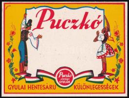cca 1930 Puczkó József gyulai hentes dekoratív art-deco kartonreklámja, szign. Barcza, szép állapotban