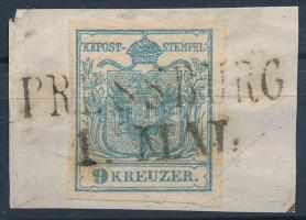 1850 9kr HP type I. kivágáson, szürkéskék / on cutting, greyish blue "PRESSBURG" Certificate: Steiner