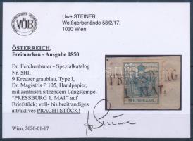 1850 9kr HP type I. kivágáson, szürkéskék / on cutting, greyish blue "PRESSBURG" Certifica...