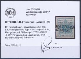 1850 9kr HP type I., szürkéskék (vízszintes törés alul) "(TE)MESVÁR" Certificate: Steiner ...