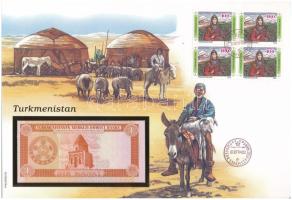 Türkmenisztán 1993. 1M felbélyegzett borítékban, bélyegzéssel T:UNC Turkmenistan 1993. 1 Manat in envelope with stamp and cancellation C:UNC