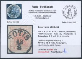 1850 3kr MP Ib., paradicsompiros / tomato red, Gravurtype 2-2 "TOTIS" Certificate: Strakos...