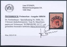 1850 3kr MP Ib., sötét paradicsompiros / dark tomato red "KOMÁROM" Certificate: Steiner