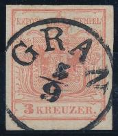 1850 3kr MP Ib., paradicsompiros / tomato red, Gravurtype 2-2 "GRAN" Certificate: Strakosch