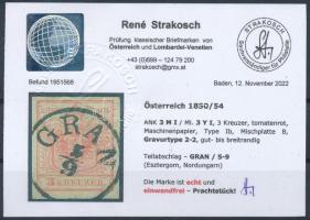 1850 3kr MP Ib., paradicsompiros / tomato red, Gravurtype 2-2 "GRAN" Certificate: Strakosc...