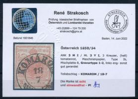 1850 3kr MP Ib., világos paradicsompiros / light tomato red, Gravurtype 1-2 "KOMÁROM" Cert...