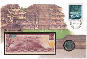 Mexikó 1977. 20P + 1982. 5P Cu-Ni Tollaskígyó érmés és bankjegyes borítékban, bélyeggel, bélyegzéssel T:UNC Mexico 1977. 20 Pesos + 1982. 5 Pesos Cu-Ni in Quetzalcoatl envelope with stamp and cancellation C:UNC