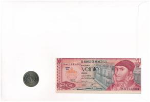 Mexikó 1977. 20P + 1982. 5P Cu-Ni "Tollaskígyó" érmés és bankjegyes borítékban, bélyeggel,...