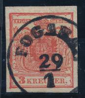 1850 3kr HP Ia., sötét téglavörös, telített nyomat, vízjel részlettel / dark brick red, watermark detail "FOGARAS" Certificate: Strakosch
