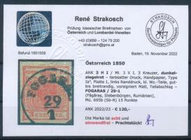 1850 3kr HP Ia., sötét téglavörös, telített nyomat, vízjel részlettel / dark brick red, watermark de...