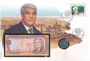 Türkmenisztán Szaparmurat Nijazov felbélyegzett borítékban, bélyegzéssel, benne Türkmenisztán 1993. 10M bankjegy és 1993. 50T T:UNC Turkmenistan Saparmyrat Nyýazow in envelope with stamp and cancellation, in it Türkmenisztán 1993. 10 Manat banknote + 1993. 10 Tyin C:UNC
