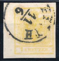 1850 1kr MP III yellow, 5,5 mm margin on the left side "PESTH" Signed: Ferchenbauer, Certificate: Strakosch, 1850 1kr MP III, citromsárga, bal oldalt 5,5 mm-es ívszéllel "PESTH" Signed: Ferchenbauer, Certificate: Strakosch