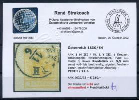 1850 1kr MP III, citromsárga, bal oldalt 5,5 mm-es ívszéllel "PESTH" Signed: Ferchenbauer,...