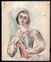 Tokay Ilona (1907-1988): Nápolyi menyecske, 1930. Kréta, papír, jelezve jobbra lent, lap széle kissé foltos és kissé sérült, 26,5×22 cm