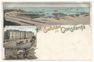 Constanta, Noul Portu Constanta, Hotel Carol / new port, railway station, train, hotel. Art Nouveau, floral, litho (glue marks)