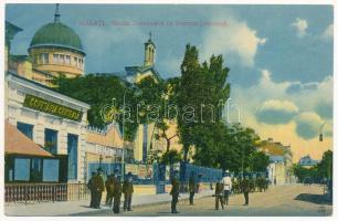 Galati, Galatz; Strada Domneasca cu Biserica Greceasca, Cofetaria-Centrala, Cinema-Central / street view, church, confectionery, cinema. advertisement on the backside