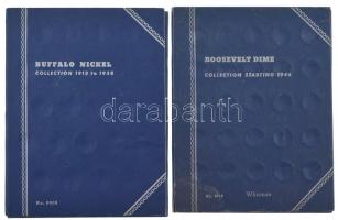 Műbőr borítású karton gyűjtőalbumok amerikai Buffalo 5 Cent (1913-1938) és a Roosevelt Dime (1946-tól) érmékhez