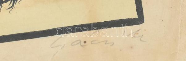 Gácsi Mihály (1926-1987): Szemtelen ... Linómetszuet, papír, jelzett, 50x35 cm Szélén gyűrött