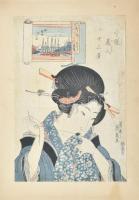 Keisai Eisen (1790-1848), japán művész: Varró hölgy portréja. Fametszet, papír, jelzett a fametszeten, lap teteje kartonra kasírozva. Kissé foltos. 37x25 cm / japanese woodcut on paper, a bit stained.