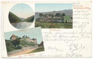 1900 Vöröstoronyi-szoros, Roter-Turm-Pass, Pasul Turnu Rosu; Altfluss, Landskrone, Der rote Thurm / vár, Olt folyó / castle, river (EK)