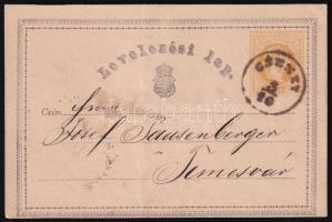 ~1870 2kr díjjegyes levelezőlap "CSENEY" - Temesvár, ~1870 2kr PS-card "CSENEY" - Temesvár