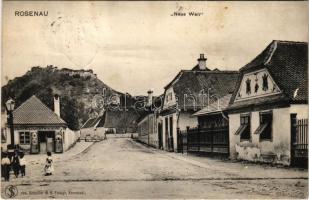 1916 Barcarozsnyó, Rozsnyó, Rosenau, Rasnov (bei Kronstadt); utca, háttérben a vár, Wilhelm Mayer üzlete, Neue Welt szálloda. H. Zeidner kiadása / street view with castle in the background, hotel, shop (Rb)