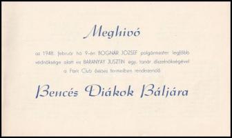 1948 Meghívó a bencés diákok báljára, 2 db
