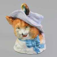 Kalapos macska, kézzel festett porcelán figura, jelzett, kis lepattanásokkal, m: 10 cm