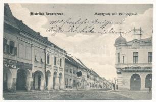 1906 Beszterce, Bistritz, Bistrita; Marktplatz und Beutlergasse / Piactér és Erszény utca, Binder, Julus Thalmeiner, Carl Lebküchner üzlete, gyógyszertár, közjegyző / market square, street view, shops, pharmacy, notary (r)