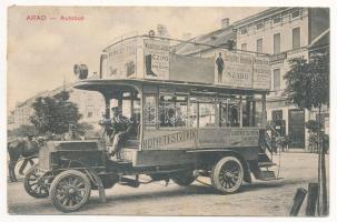 1909 Arad, Autóbusz Weinberger János, Berczy Pál, Schaffer Henrik, Roth Testvérek, Fleischer Testvérek, Weinberger Ferenc üzletének reklámjaival / autobus with shop advertisements (EK)