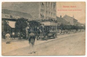 1908 Arad, Boros Béni tér, autóbusz üzlet reklámokkal, Gazdasági Gépraktár. Kerpel Izsó kiadása. Ruhm Ödön felvétele / square, autobus with shop advertisements (felületi sérülés / surface damage)