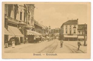 1917 Brassó, Kronstadt, Brasov; Cafehaus Elite / Elite kávéház, városi vasút, vonat, üzletek. Wilh. Hiemesch kiadása / café, urban railway, train, shops (képeslapfüzetből / from postcard booklet) (EK)