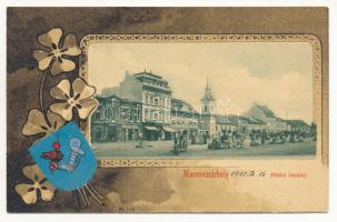 1902 Marosvásárhely, Targu Mures; Fő tér, piac, Petrás Géza, Hart Géza, Schwartz János és József Emil üzlete. Holbach Ede kiadása. Szecessziós litho keret címerrel / main square, market, shops. Art Nouveau litho frame with coat of arms