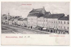 1902 Marosvásárhely, Targu Mures; Fő tér, Dudutz István és Ferencz, Fey József, Widder Antal, Wolster Kálmánné, Bogdánffy István üzlete. Holbach Ede kiadása / main square, shops (fl)