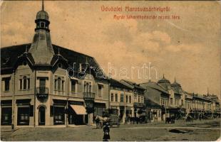 1907 Marosvásárhely, Targu Mures; Agrár takarékpénztár részv. társ, Landau Berta üzlete, Vendéglő és szálloda a Vadászkürthöz, sörcsarnok, felállványozott épületek. W.L. 29. / agricultural savings bank, shops, hotel and restaurant, beer hall, construction (EB)