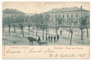 1902 Orsova, M. kir. erdőhivatal télen, M. kir. állami iskola, lovaskocsi. Hutterer G. kiadása / Forstamt / street view in winter, forestry, school, horse-drawn carriage (EK)